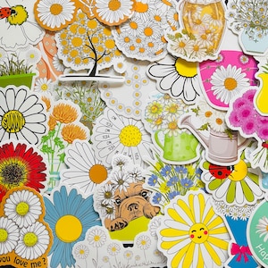 Adesivos de margarida feliz de vinil 25/50, conjunto de decalques cortados, reutilizáveis à prova d'água, crisântemo florista de flor branca brilhante, arte artesanal de cartão de diário