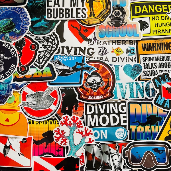 25/50 Vinyl Diving Sticker Pack, Die Cut Decal Set, Waterproof Reusable, Scuba Diver Deep Sea Reef Dive Snorkelling, Journal Laptop Tank