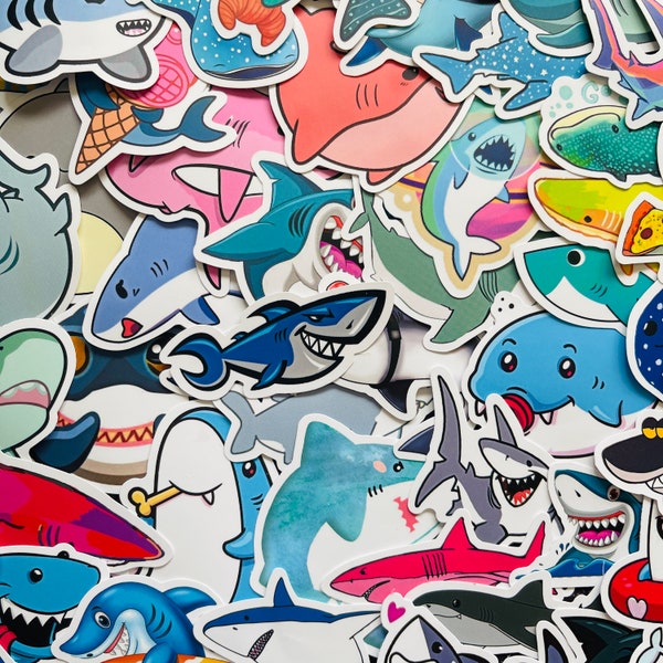 25/50 Vinyl Shark Attack Stickers, Die Cut Decal Set, Waterproof Reusable, Fun Great White Jaws Cartoon Marine Ocean, Laptop Room Decor Art