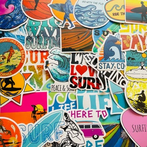 25/50 Vinyl Surf Stickers, Die Cut Decal Set, Waterproof Reusable, Bondi Beach Hawaii Surfer Ocean Sea Wave Board, Laptop Case Prints Decor