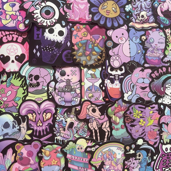 25/50 Vinyl Horror Stickers, Durable Die Cut Decal Set, Waterproof Reusable, Cute Purple Pink Skull Dark Death Emo Girl Goth, Planner Laptop