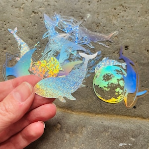 20 vinyl holografisch zeestickerpakket, waterdichte herbruikbare set, gespiegeld helder oceaanzeedier walvis dolfijnvis, badkamerkaart ambacht