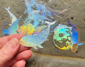 20 Vinyl Holographic Marine Sticker Pack, Waterproof Reusable Set, Mirrored Clear Ocean Sea Creature Whale Dolphin Fish, Bathroom Card Craft
