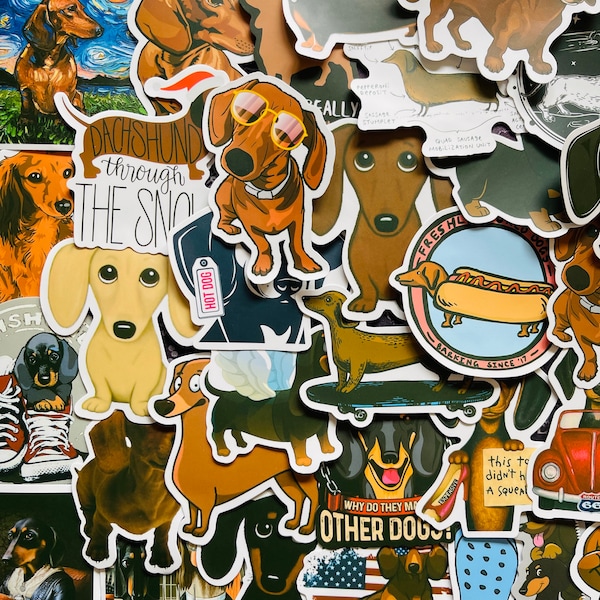 25/50 Vinyl Sausage Dog Stickers, Die Cut Decal Set, Waterproof Reusable, Dachshund Hotdog Long Breed Puppy Owner Gift, Journal Laptop Case