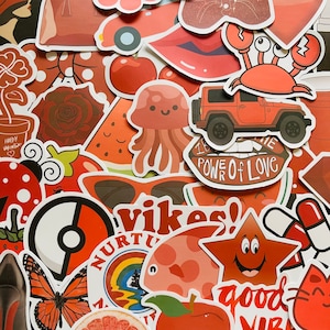 25/50 Red Theme Vinyl Stickers, Die Cut Decal Set, Waterproof Reusable, Cute Colour Aesthetic VCSO Fan Girl Bomb, Journal Laptop Scrapbook