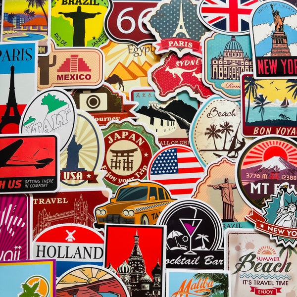 25/50 Vinyl World Travel Stickers, Die Cut Decal Set, Waterproof Reusable, Retro Global Country Holiday Tourist Vacation, Photo Journal Book