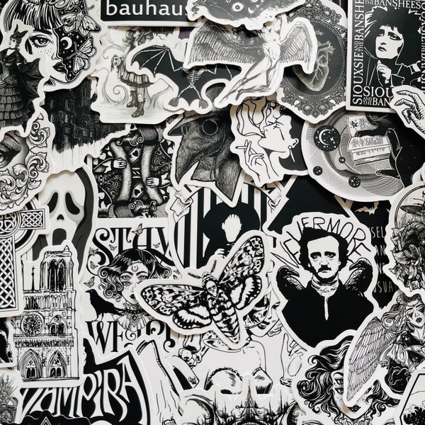 25/50 Vinyl Goth Stickers, Durable Die Cut Decal Set, Waterproof Reusable, Black Mono Dark Death Emo Rock Punk Metal, Laptop Guitar Case