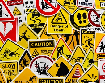 25/50 Vinyl Warning Sign Stickers, Die Cut Decal Set, Waterproof Reusable, Fun Traffic Road Site Safety Hazard, Laptop Tool Case Helmet Hat