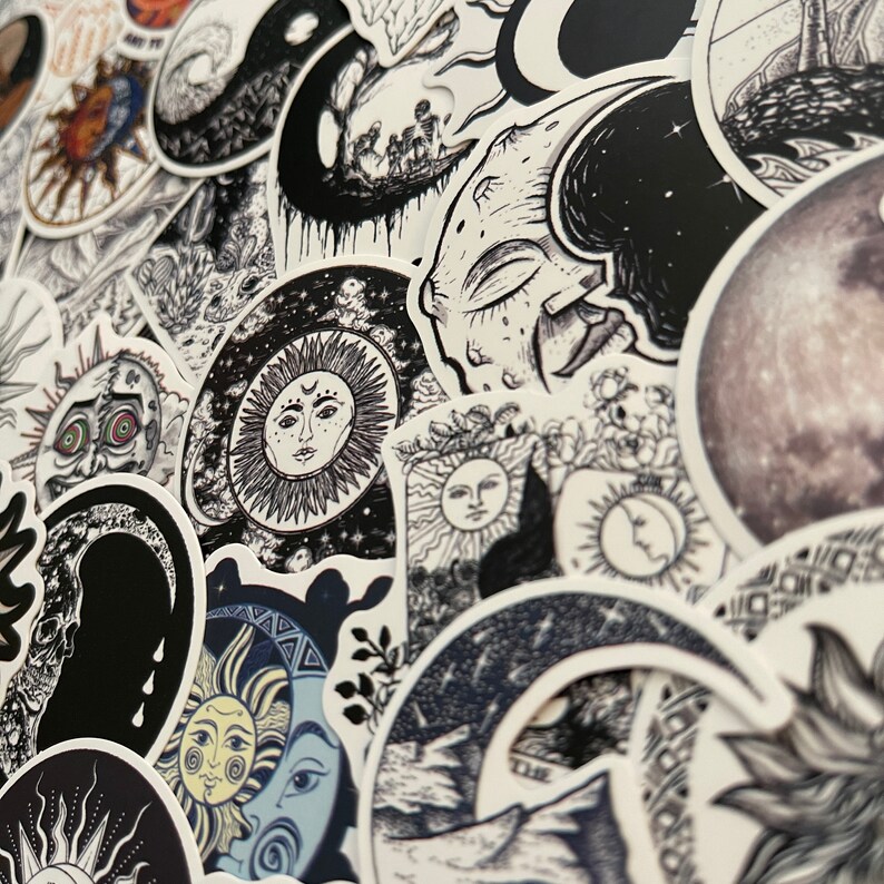 May include: A collection of black and white stickers featuring celestial and mystical designs. The stickers feature moons, stars, suns, and other celestial bodies, as well as abstract patterns and symbols. The stickers are perfect for adding a touch of whimsy and magic to any surface.