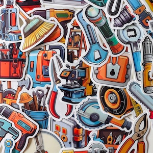 25/50 vinyl DIY gereedschapsstickers, gestanst stickerset, waterdicht herbruikbaar, klusjesman elektricien leerling, elektrisch gereedschap boorzaag gereedschapskist