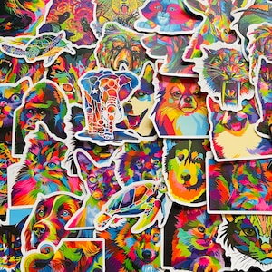 25/50 pegatinas de animales arcoíris de vinilo, juego de calcomanías troqueladas, reutilizables a prueba de agua, mosaico colorido gato salvaje perro oso pez lobo, decoración de caja de computadora portátil