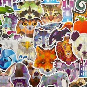 34 adesivos geométricos de vinil, conjunto de decalques recortados, à prova d'água reutilizável, arco-íris colorido animal coruja raposa lobo leão, capa para laptop planejador de diário
