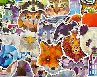May include: A collection of colorful geometric animal stickers. The stickers feature a variety of animals, including a fox, a wolf, a lion, a panda, a koala, an owl, a raccoon, a whale, a cat, a bird, and a fish. The stickers are all in a vibrant, geometric style.
