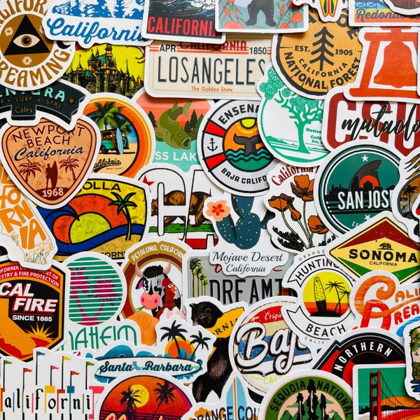 25/50 Vinyl California Stickers, Die Cut Decal Set, Waterproof Reusable, USA CA State Beaches Hollywood LA Coast, Travel Journal Bumper Case