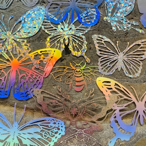 20 Vinyl Holographische Schmetterling Aufkleber Set, wasserdichtes wiederverwendbares Set, irisierend gespiegelt klar hübsche Motte Insekt Bug, Glaskarte Handwerk Kunst