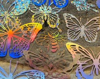 20 vinyl holografische vlinderstickerpakket, waterdichte herbruikbare set, iriserend gespiegeld helder vrij motteninsect, glazen kaart ambachtelijke kunst
