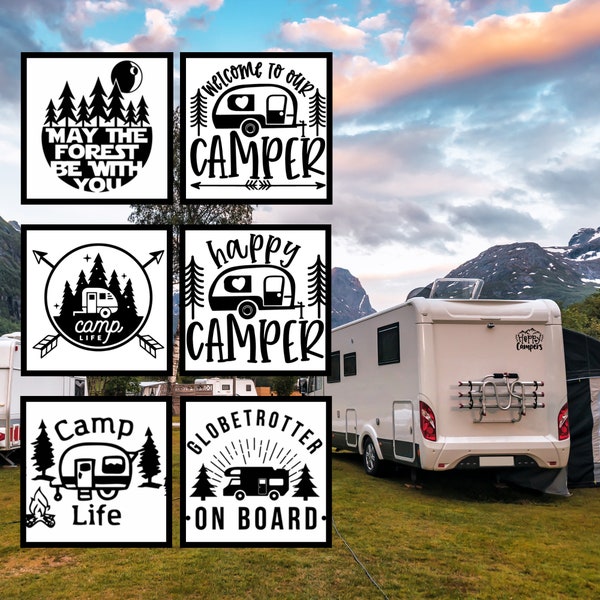 8" Vinyl Happy Camping Car Sticker, Camper Van RV Bumper Caravan Trailer Laptop Die Cut Decal, Camp Life Wanderlust Adventurer Outdoors Gift