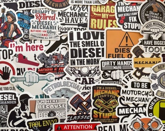 25/50 Vinyl Mechanic Stickers, Die Cut Decal Set, Waterproof Reusable, Motor Car Truck Technician Diesel Garage Workshop Apprentice, Toolbox