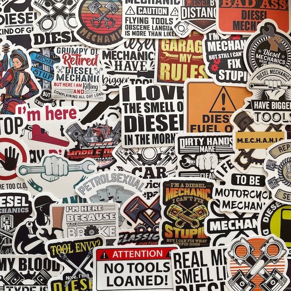 25/50 Vinyl Mechanic Stickers, Die Cut Decal Set, Waterproof Reusable, Motor Car Truck Technician Diesel Garage Workshop Apprentice, Toolbox