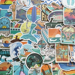 25/50 Vinyl Surf Stickers, Die Cut Decal Set, Waterproof Reusable, Bondi Beach Hawaii Surfer Ocean Sea Wave Rider, Laptop Bumper Case Decor