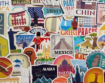 25/50 Vinyl Wanderlust Stickers, Die Cut Decal Set, Waterproof Reusable, Travel Vacation Country City Tourist Poster, Planner Laptop Luggage