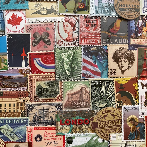 25/50 Vinyl Vintage Postage Stamp Stickers, Decal Set, Waterproof Reusable,  Antique Vacation Tourist, Travel Journal Planner Photo Book Art 