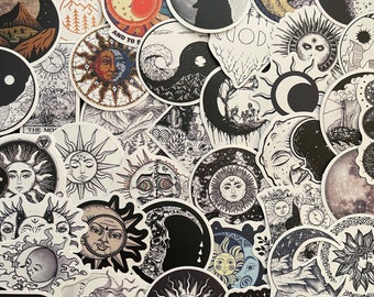25/50 Vinyl Tarot Sun Moon Stickers, Die Cut Decal Set, Waterproof Reusable, Vintage Goth Medieval Celestial, Boho Planner Diary Scrapbook