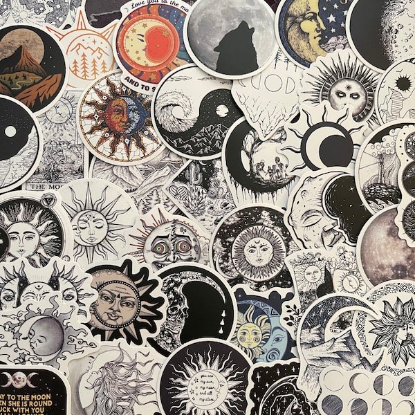 25/50 Vinyl Tarot Sun Moon Stickers, Die Cut Decal Set, Waterproof Reusable, Vintage Goth Medieval Celestial, Boho Planner Diary Scrapbook