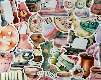 25/50 Vinyl Vintage Craft Stickers, Die Cut Decal Set, Waterproof Reusable, Sewing Knitting Needle Crafting Embroidery, Planner Machine Art