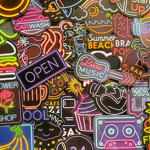 25/50 Vinyl Neon Lights Stickers, Die Cut Decal Set, Waterproof Reusable, 50s Retro Diner Arcade Vegas Bright Light Sign, Laptop Wall Decor