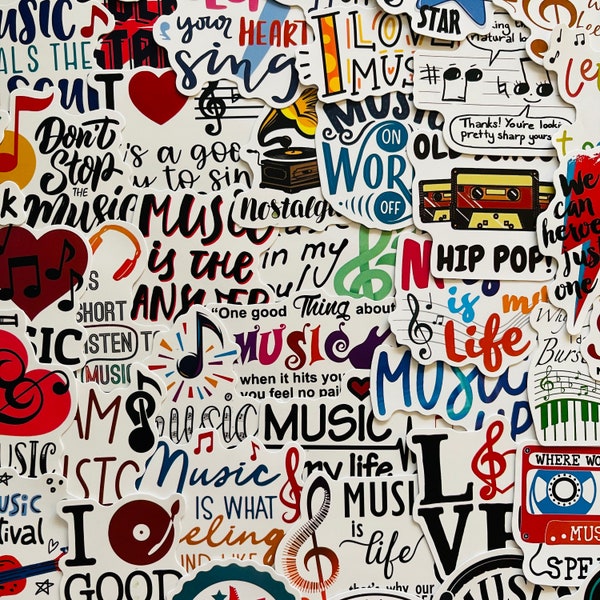 25/50 stickers thème musique en vinyle, lot de stickers découpés, imperméables réutilisables, musicien groupe, chanteur, notes, professeur, étudiant, cadeau étudiant, décoration pour ordinateur portable