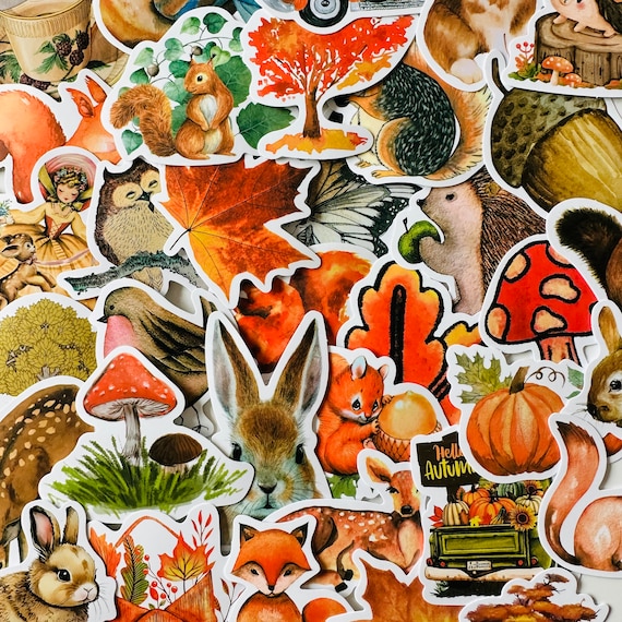 25/50 Vinyl Autumn Themed Stickers, Die Cut Decal Set, Waterproof Reusable, Vintage Boho Fall Season Tree Leaf Pumpkin, Decor Craft Art Case