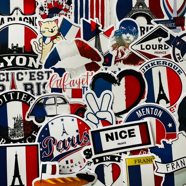 25/50 Vinyl France Stickers, Die Cut Decal Set, Waterproof Reusable, French Tricolore Paris Europe Vacation, Travel Planner Journal Dairy