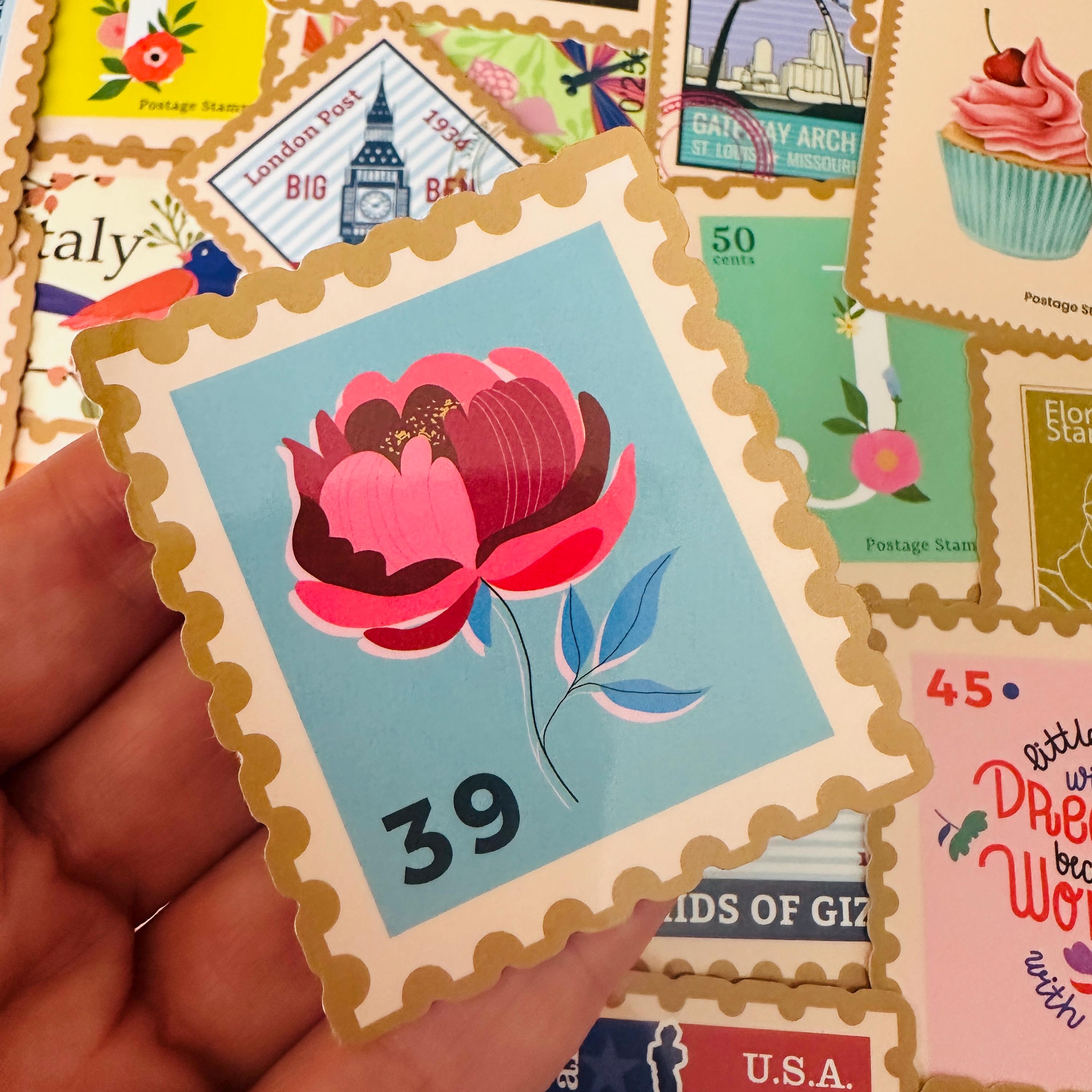 25/50 Vinyl Retro Postage Stamp Stickers, Die Cut Decal Set