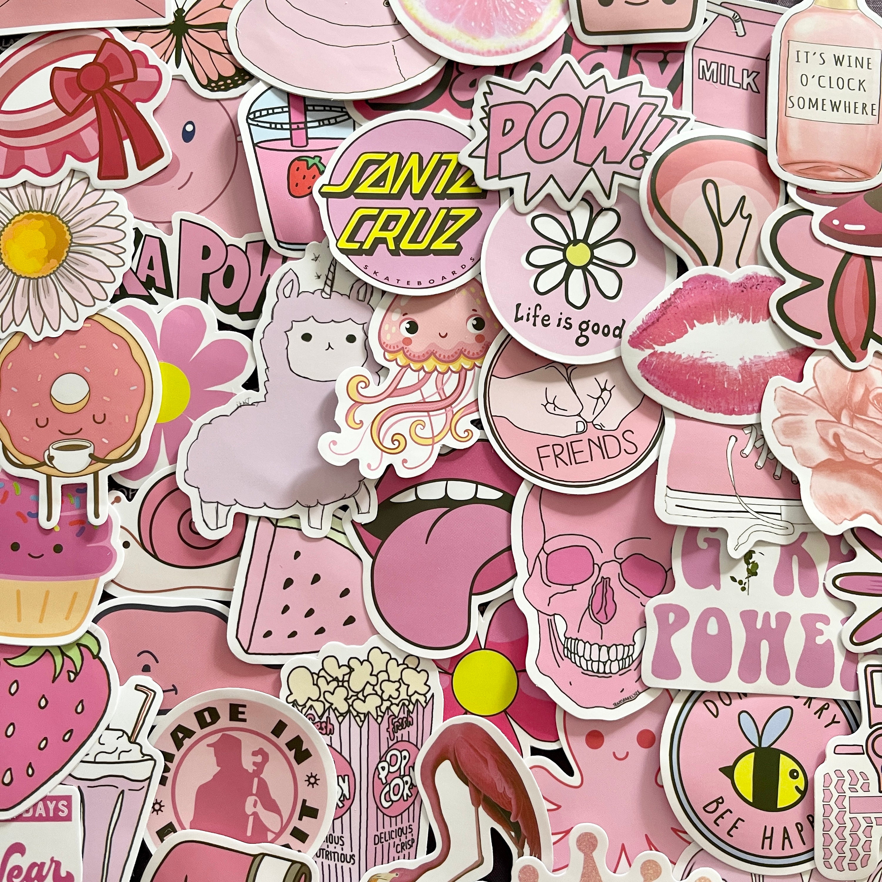 50 Pcs Pink cute Sticker Pack, PVC Vinyl, Girls Skateboard Laptop Decal Bomb