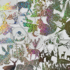 Paquete de pegatinas de naturaleza holográfica de vinilo de 20, conjunto reutilizable impermeable, animales de la selva del bosque de espíritu mágico claro iridiscente, arte artesanal de diario
