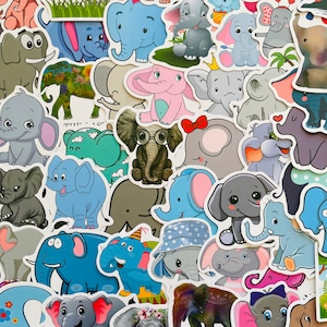 25/50 Vinyl Elephant Stickers, Die Cut Decal Set, Waterproof Reusable, Fun Cute Cartoon Safari Lover Gift, Journal Laptop Flask Collage Art