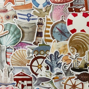 25/50 adesivi da spiaggia in vinile, set di decalcomanie fustellate, riutilizzabili impermeabili, ancoraggio del faro marino vintage sull'oceano marino, arredamento del bagno artigianale d'arte