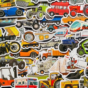 Pegatinas de vinilo troqueladas para vehículos (25/50 unidades), impermeables y reutilizables, para niños, para vehículos de construcción, coches, excavadoras, bicicletas, camiones y trenes, decoración de dormitorios.