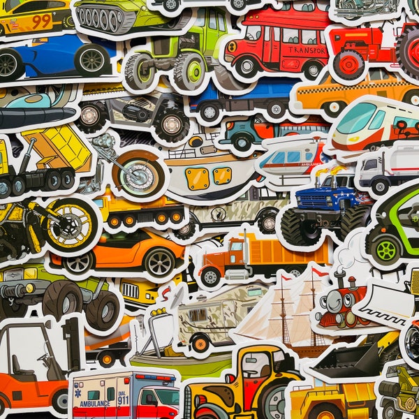 25/50 Vinyl Transport Stickers, Die Cut Decal Set, Waterproof Reusable, Kids Construction Vehicle Car Digger Bike Truck Train, Bedroom Decor