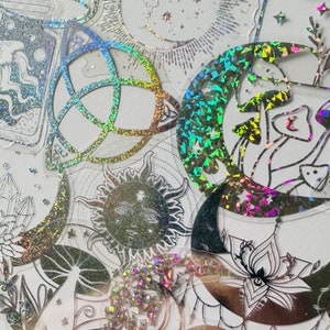 Lot de 20 autocollants bohèmes holographiques en vinyle, ensemble réutilisable imperméable, miroir irisé clair magique hippie mandala soleil oeil, création de cartes de visite
