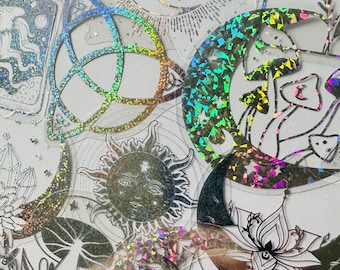 20 Vinyl Holographic Boho Sticker Pack, Waterproof Reusable Set, Iridescent Mirrored Clear Magical Hippy Mandala Sun Eye, Journal Card Craft