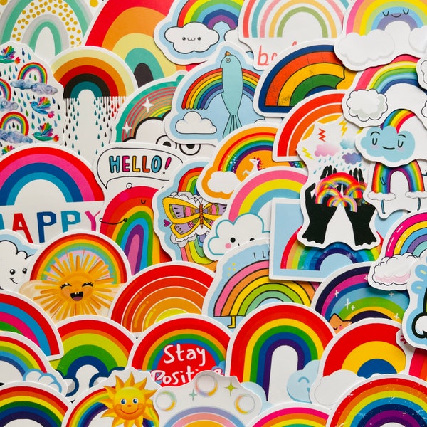 25/50 Vinyl Happy Rainbow Stickers, Die Cut Decal Set, Waterproof Reusable, Cute Rain Cloud Aesthetic Kind Pride LGBTQ+, Journal Laptop Case