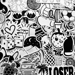 25/50 vinyl zwart wit themastickers, gestanste stickerset, waterdicht herbruikbaar, gelukkig schattig leuk esthetiek, dagboek laptoptas muurdecoratie kunst
