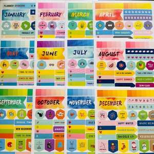 480 autocollants mignons pour agenda, lot de feuilles d'autocollants 12 mois, onglets adhésifs organisateur, rappel du festival, agenda