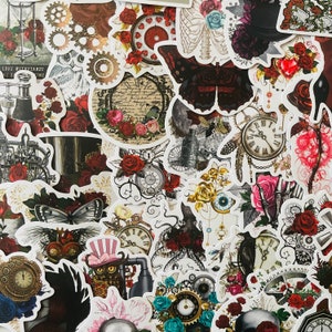 May include: A collection of colourful vintage-style stickers featuring various designs, including butterflies, clocks, gears, and floral patterns. The stickers are perfect for adding a touch of whimsy and nostalgia to journals, planners, laptops, and other surfaces.