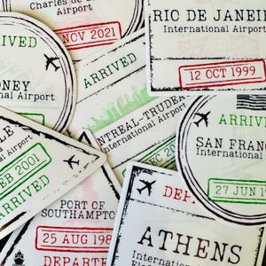 Adesivos de carimbo de passaporte transparentes de vinil personalizados, data de férias transparente, país de viagem, diário, planejador, vidro para laptop, presente de despedida de solteiro em lua de mel