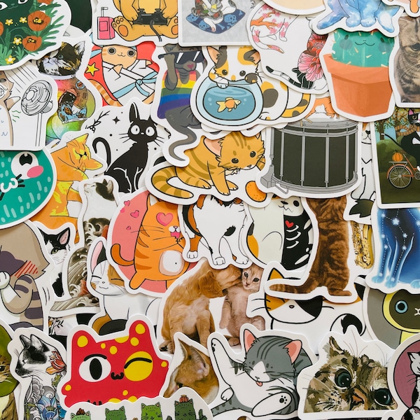 25/50 Vinyl Cartoon Cat Stickers, Die Cut Decal Set, Waterproof Reusable, Mixed Feline Kitten Crazy Lady Lover Gift, Journal Laptop Case Art