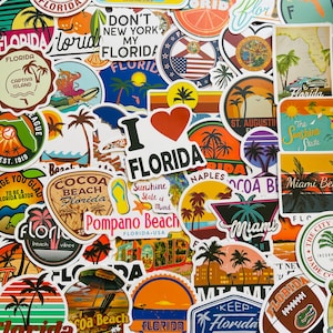 25/50 Vinyl Florida Stickers, Die Cut Decal Set, Waterproof Reusable, USA Sunshine FL State Miami Beach Tourist, Journal Planner Luggage Art