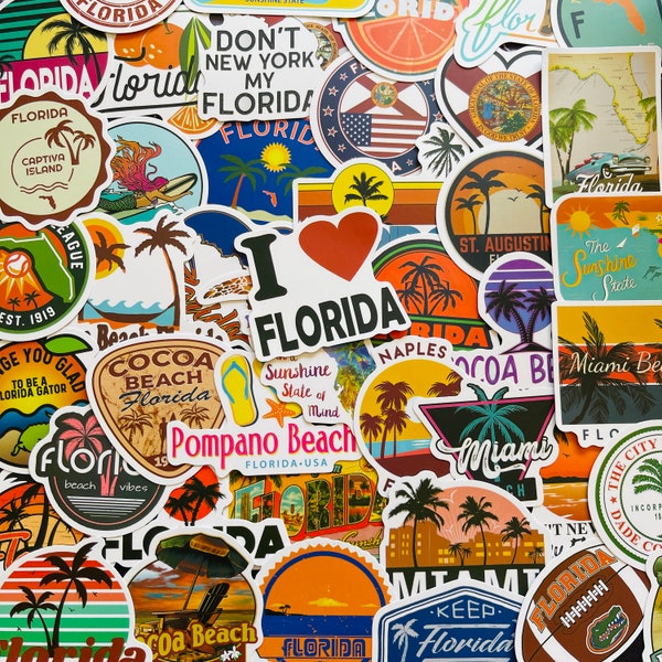 25/50 Vinyl Florida Stickers, Die Cut Decal Set, Waterproof Reusable, USA Sunshine FL State Miami Beach Tourist, Journal Planner Luggage Art